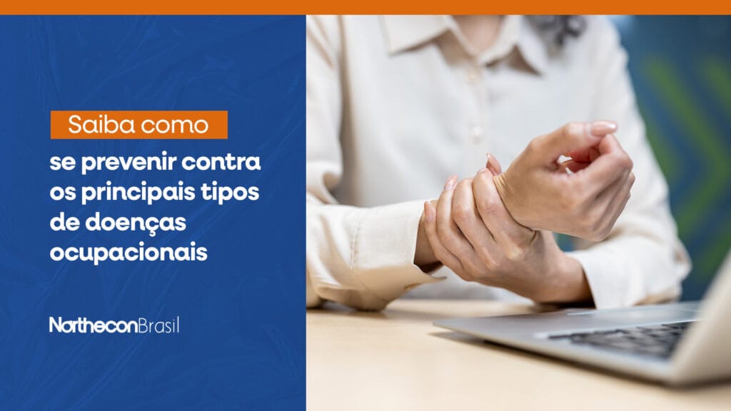 Pessoa no escritório com dor no pulsio, como consequência de uma LER, e oo seguinte texto: Saiba como se prevenir contra os principais tipos de doenças ocupacionais