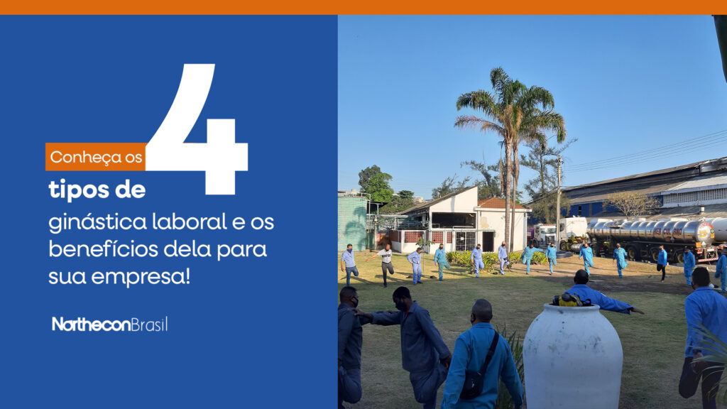 Funcionários de uma empresa fazendo uma sessão de ginástica laboral ao ar livre e o seguinte texto ao lado: Conheça os 4 tipos de ginástica laboral e os benefícios dela para sua empresa