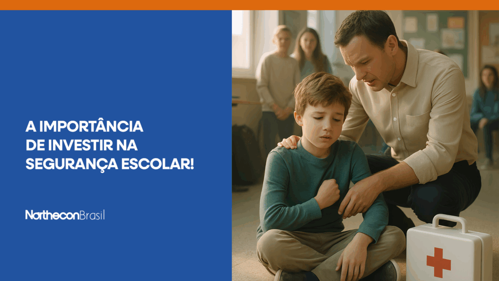 Professor com kit de primeiros socorros ajudando aluno com dor no peito no meio da sala de aula e o seguinte texto: A importância de investir na segurança escolar!