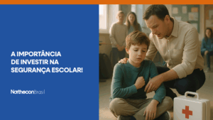 Professor com kit de primeiros socorros ajudando aluno com dor no peito no meio da sala de aula e o seguinte texto: A importância de investir na segurança escolar!
